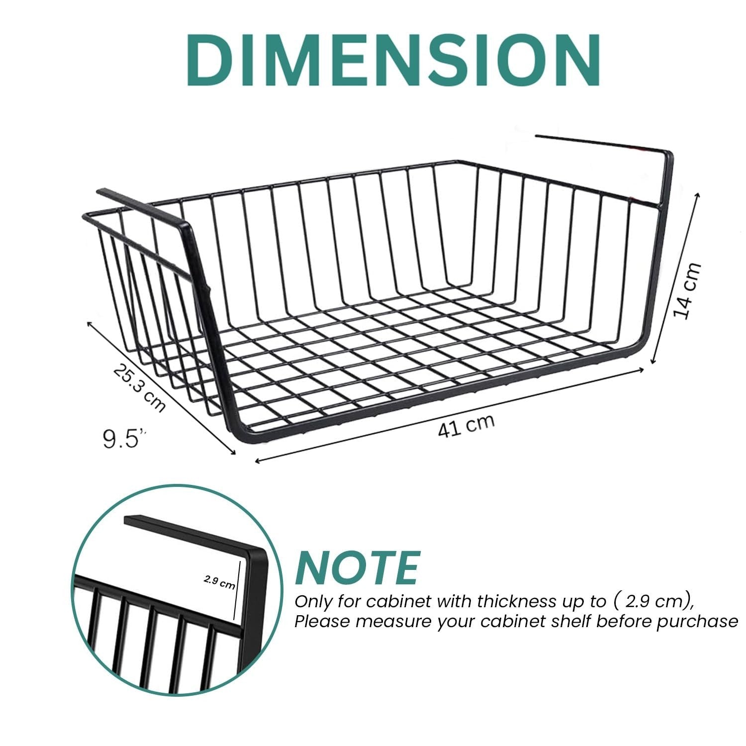 GoHooked Bianco black metal undershelf storage basket, 16 inch, pack of 2. Features open grid design and no-drill installation.