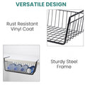 GoHooked BIANCO black metal undershelf storage basket with rust-resistant vinyl coat and sturdy steel frame, holding bottles and cans.