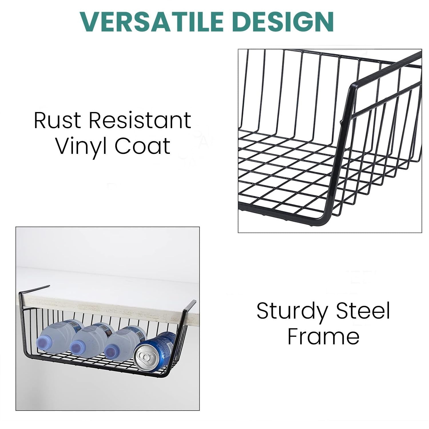 GoHooked BIANCO black metal undershelf storage basket with rust-resistant vinyl coat and sturdy steel frame, holding bottles and cans.