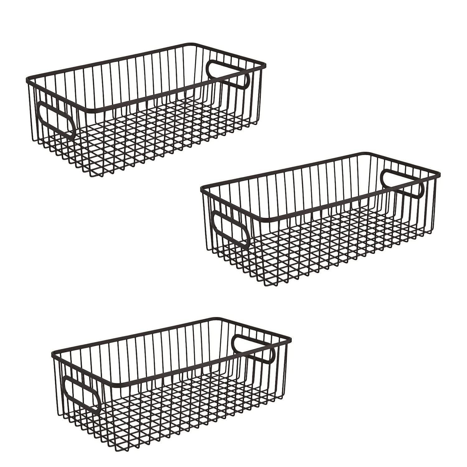 GoHooked Bianco black metal wire grid pantry organizer baskets with handles, set of 3. Ideal for food storage.