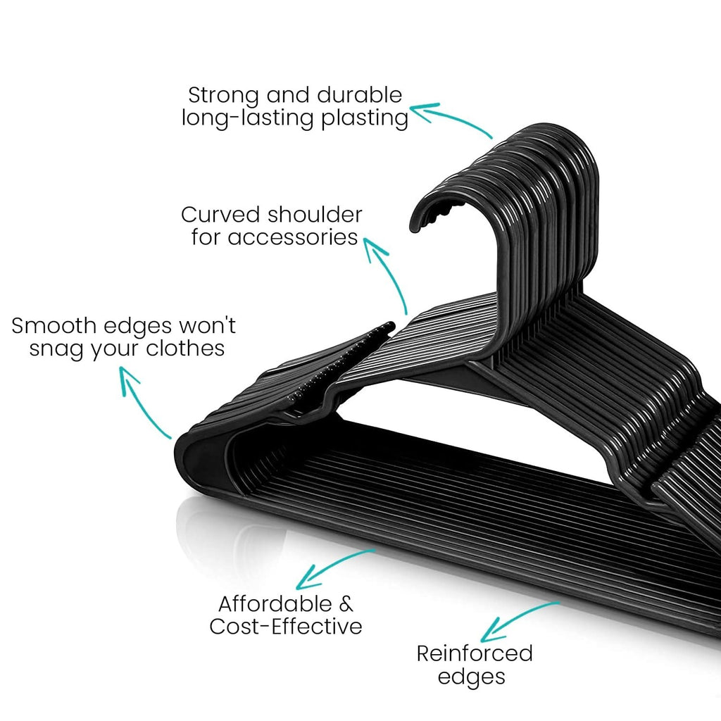 GoHooked BIANCO black plastic hangers with non-slip grooves and smooth edges. Pack of 12.