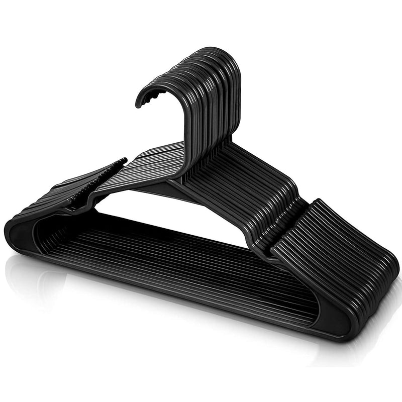 GoHooked BIANCO black plastic hangers with non-slip grooves for coats, suits, dresses, pants, and shirts. Pack of 12.