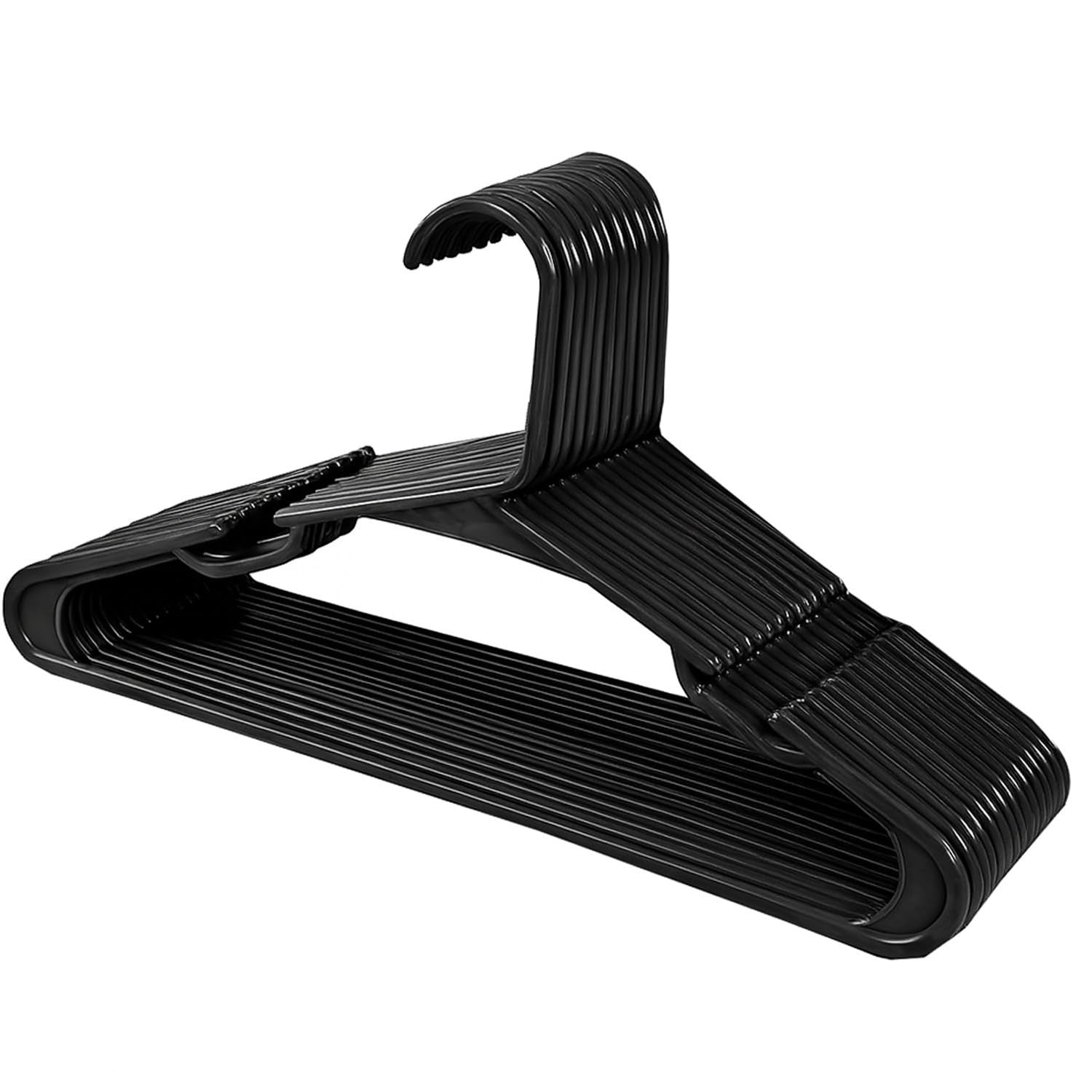 GoHooked BIANCO black plastic hangers with non-slip grooves for coats, suits, dresses, pants, and shirts. Pack of 18.