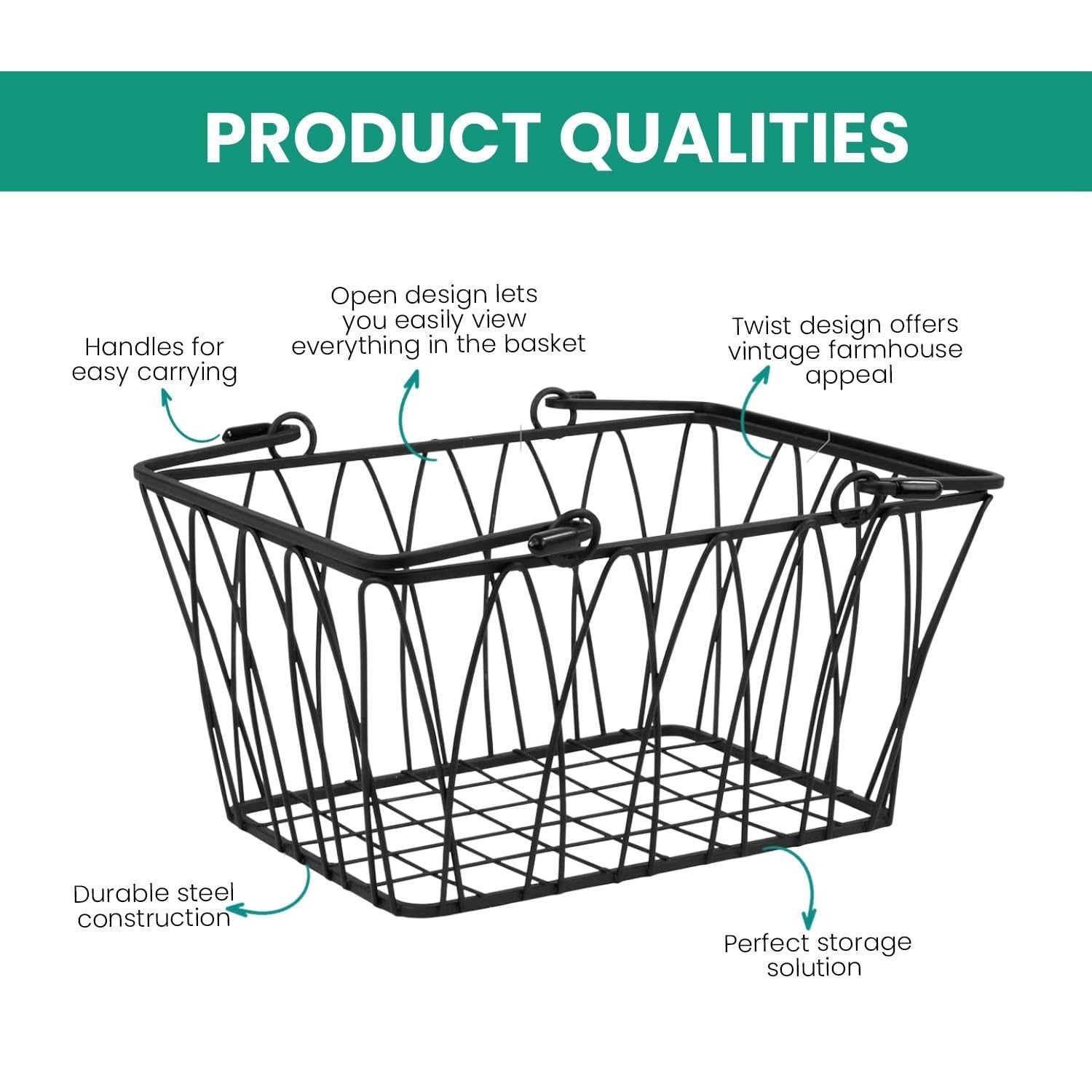 GoHooked BIANCO black wire storage basket with handles and vintage farmhouse appeal. Durable steel construction.