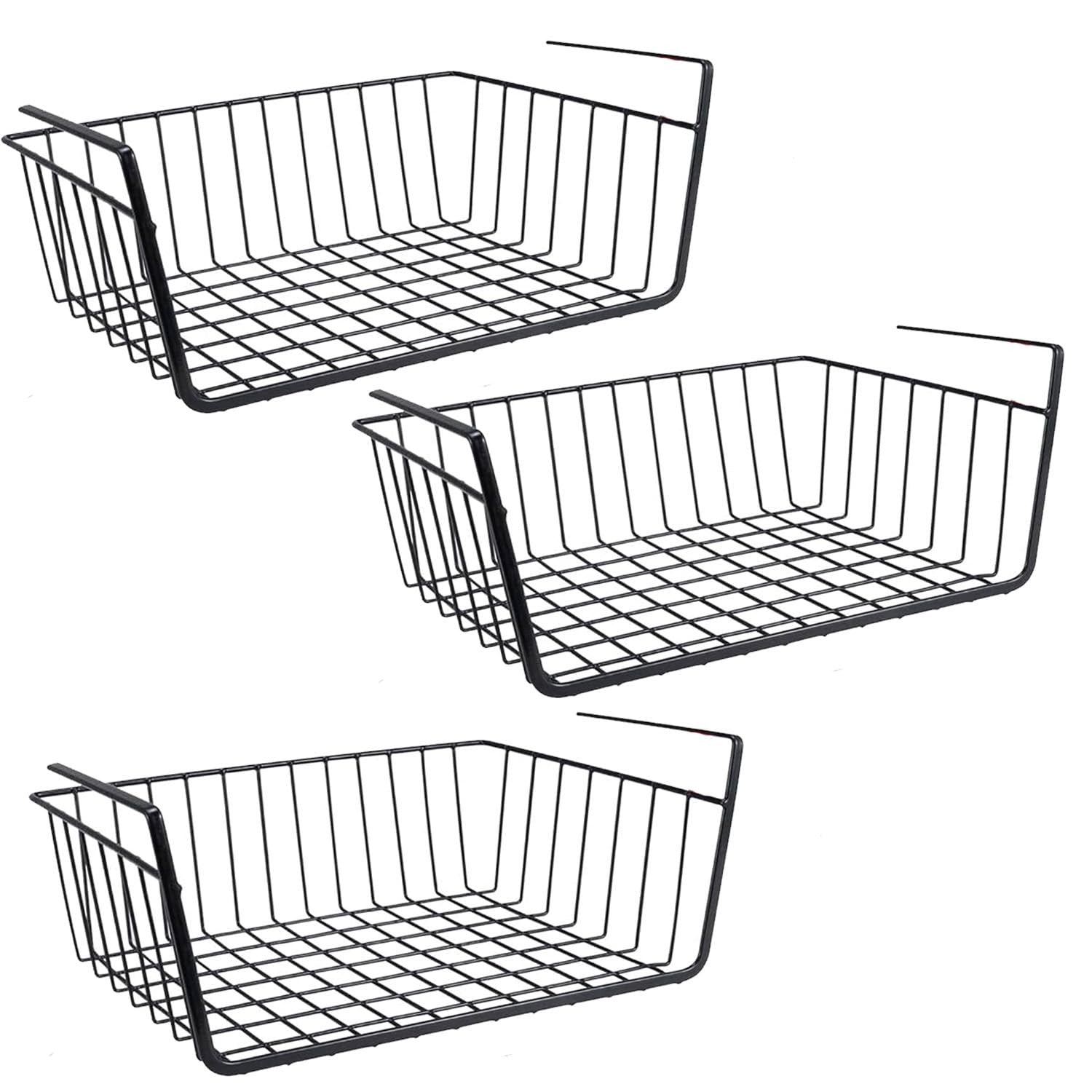 GoHooked BIANCO black metal wire undershelf storage basket, pack of 3. Features hanging arms and open grid design.
