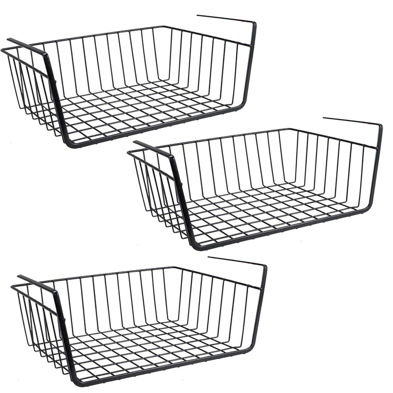 GoHooked BIANCO black metal wire undershelf storage basket, pack of 3. Features hanging arms and open grid design.