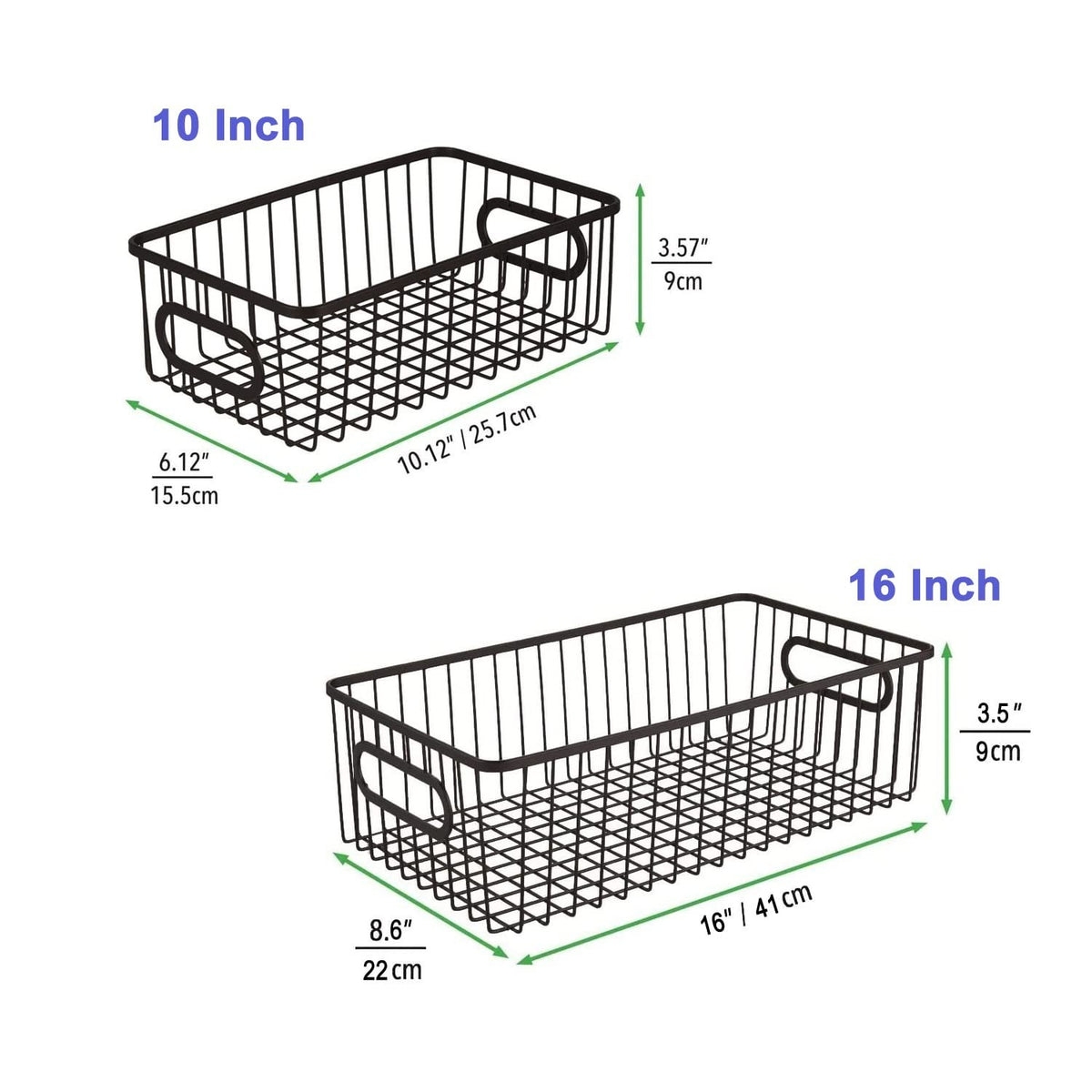 GoHooked Bianco black wire grid storage baskets, set of 3. Includes 10-inch and 16-inch sizes with handles for home and office organization.