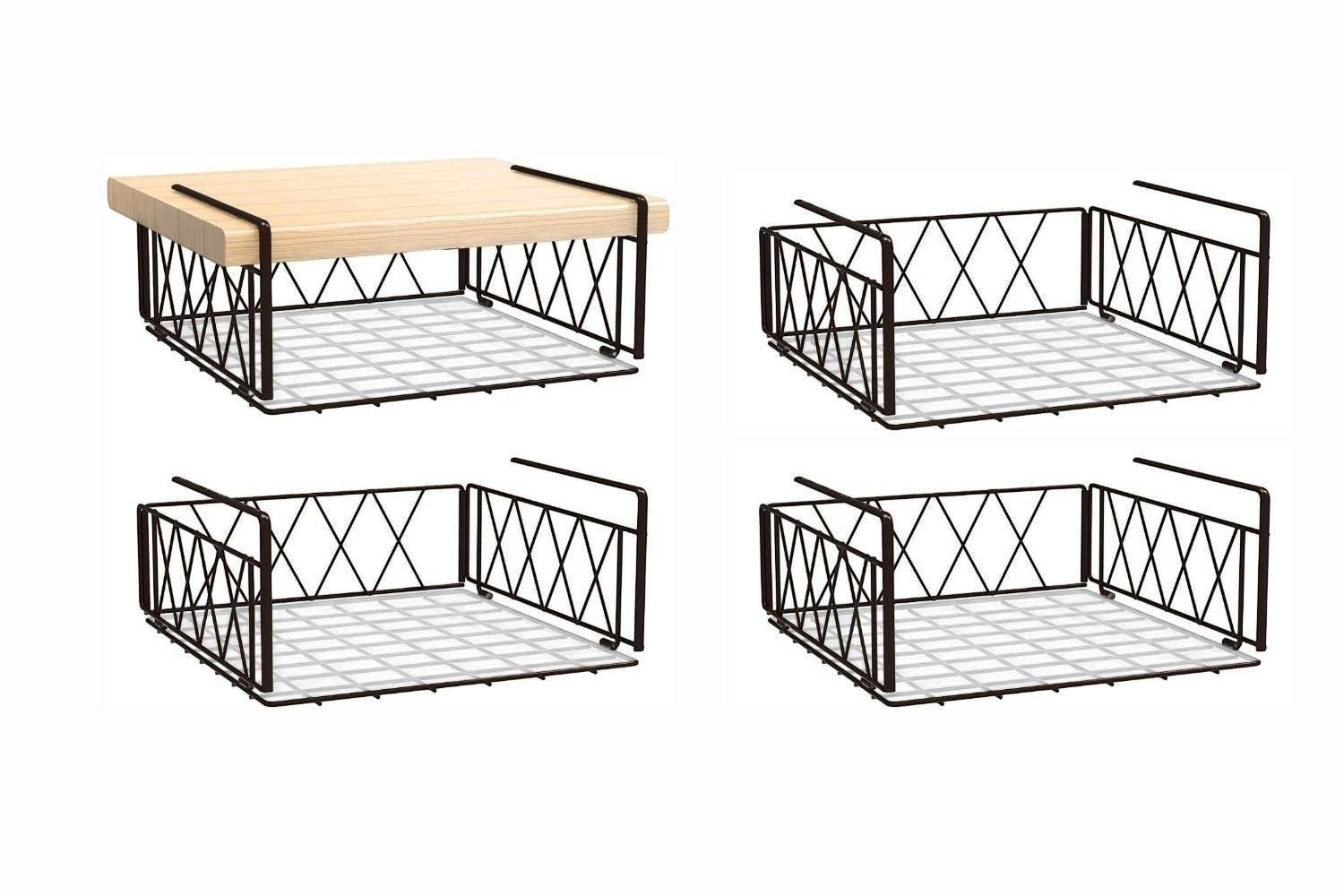 GoHooked Bianco black wire under shelf basket, 4 pack, metal construction, diamond pattern sides, for pantry or cabinet storage.