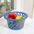 GoHooked BIANCO blue plastic storage net basket with red and yellow bell peppers inside. Open weave design.