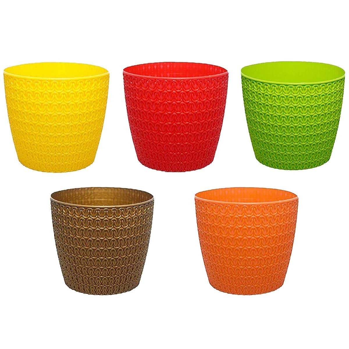 GoHooked Bianco decorative plastic flower pots, pack of 5, in yellow, red, green, brown, and orange with textured design.