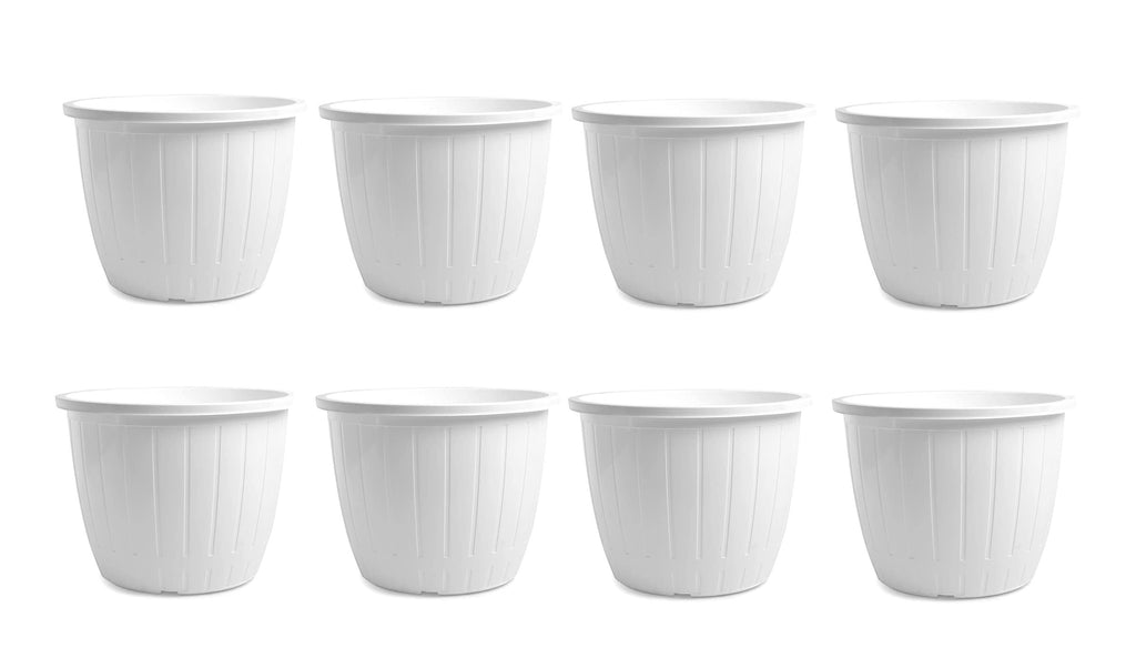 GoHooked Bianco DURE 10-inch white plastic flower pots, pack of 8. Ideal for indoor/outdoor gardening.