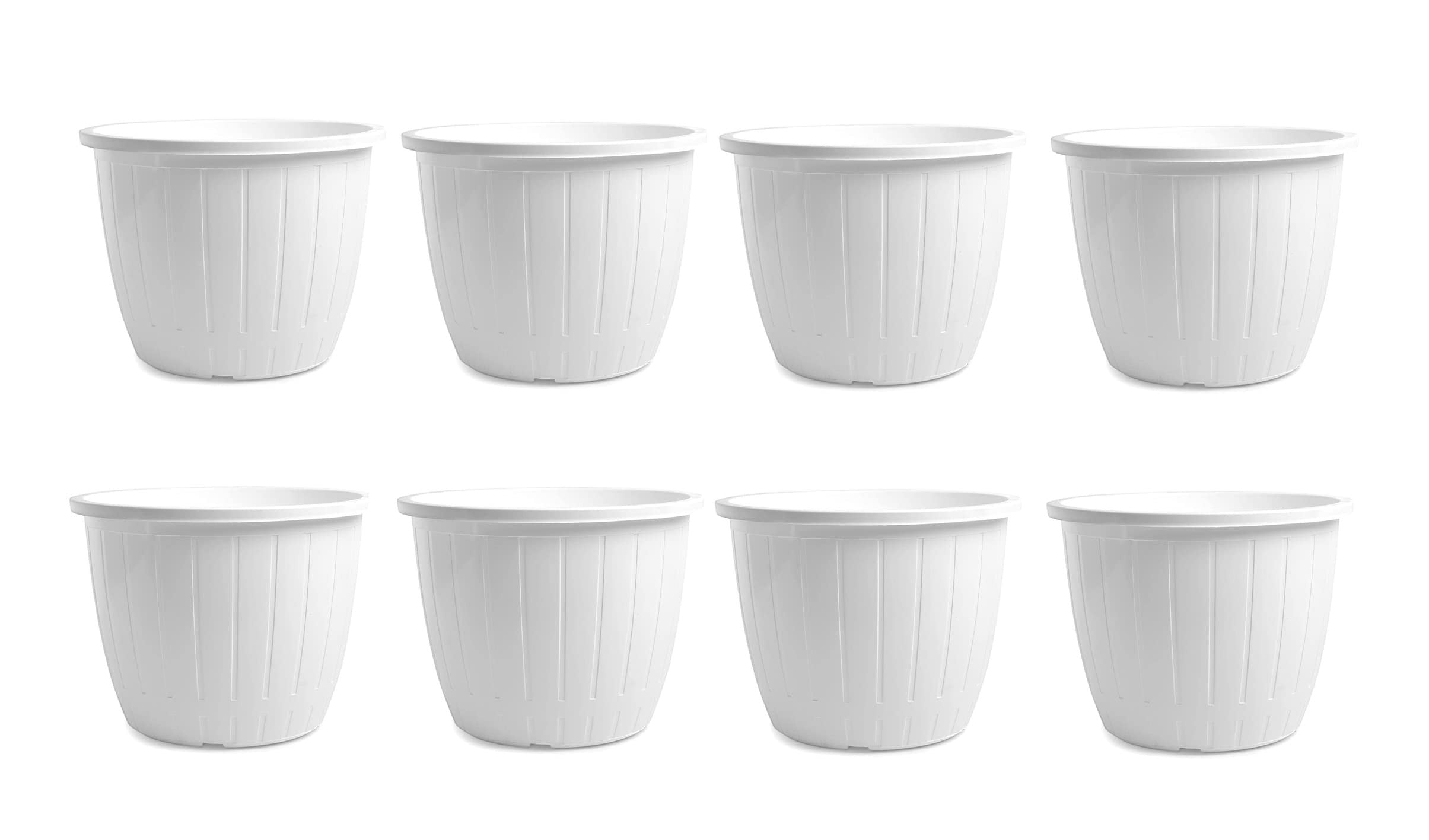 GoHooked Bianco DURE 10-inch white plastic flower pots, pack of 8. Ideal for indoor/outdoor gardening.