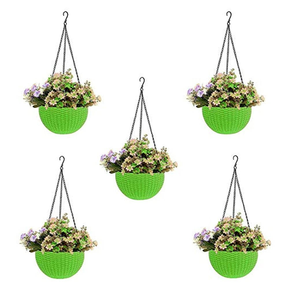 GoHooked Bianco green plastic hanging rattan planter with woven texture, 7.1 inch diameter, includes 5 pieces.