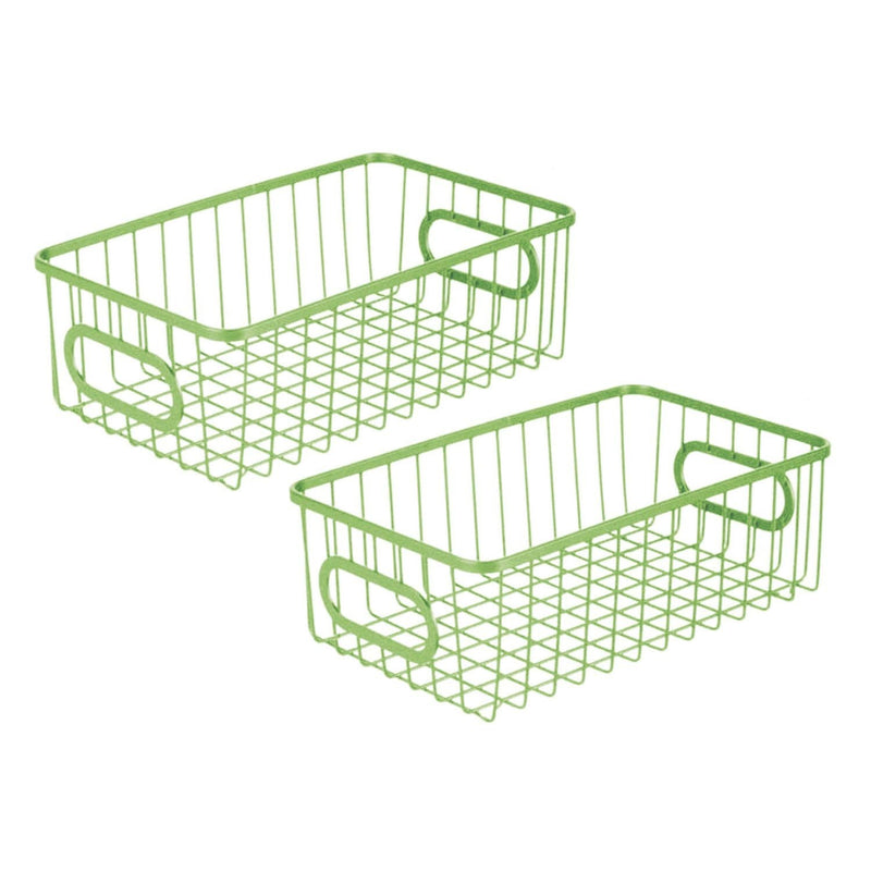 GoHooked Bianco green metal wire grid storage basket bin with handles, pack of 2