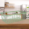 Bianco green metal wire grid storage basket bin with handles, 10" size, for kitchen or bathroom organization.
