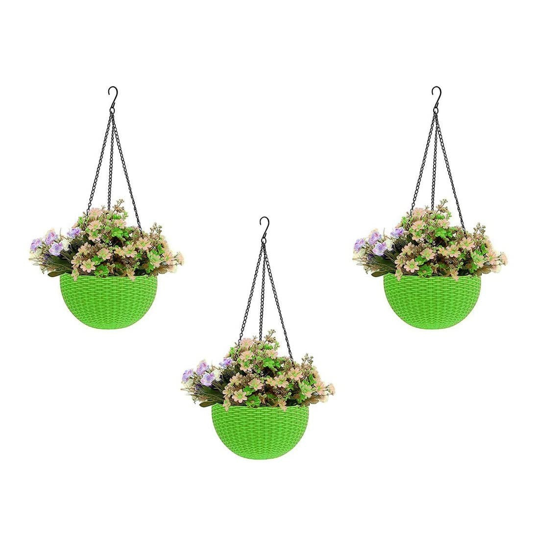 GoHooked Bianco green plastic hanging rattan planter with woven texture, 7.1 inch diameter, includes 3 pieces.
