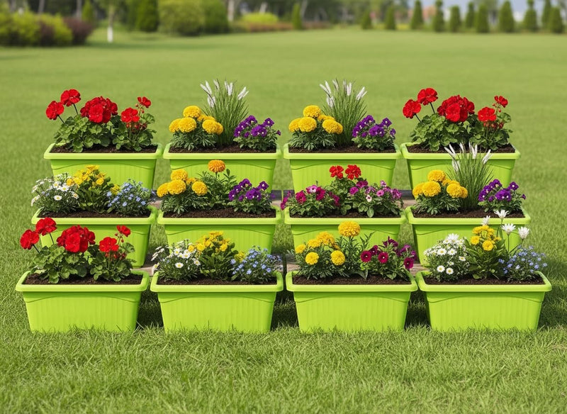 GoHooked Bianco green rectangular plastic plant pots, pack of 12, filled with red, yellow, and purple flowers.