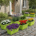 GoHooked Bianco green rectangular plastic plant pots filled with flowers on a stone pathway outside a brick house.