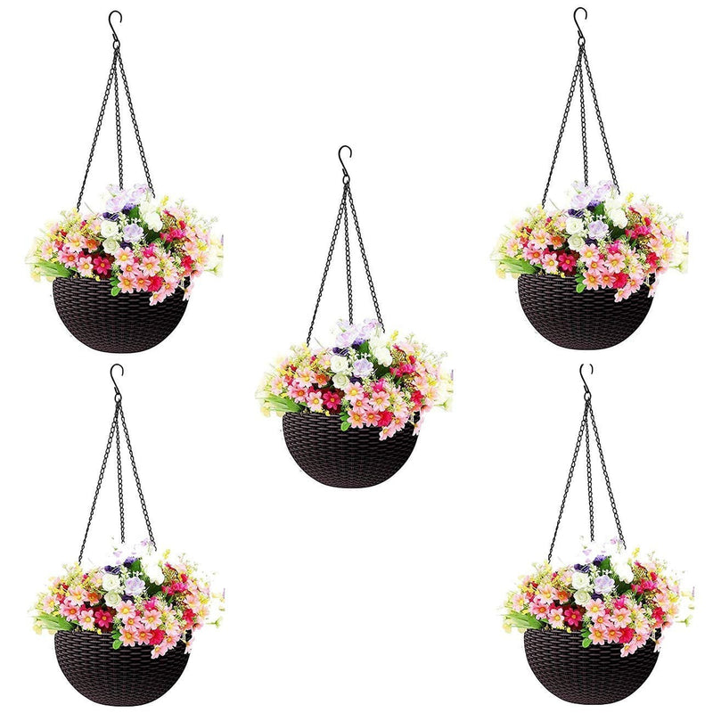 GoHooked Bianco dark brown plastic hanging rattan planter with colorful flowers, 7.1 inch diameter, 5 pieces.