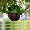 GoHooked Bianco dark brown plastic hanging planter with woven rattan look. 7.1 inch diameter.