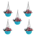 GoHooked Bianco light blue plastic hanging rattan planter with flowers. Set of 5.