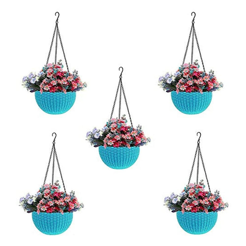 GoHooked Bianco light blue plastic hanging rattan planter with flowers. Set of 5.