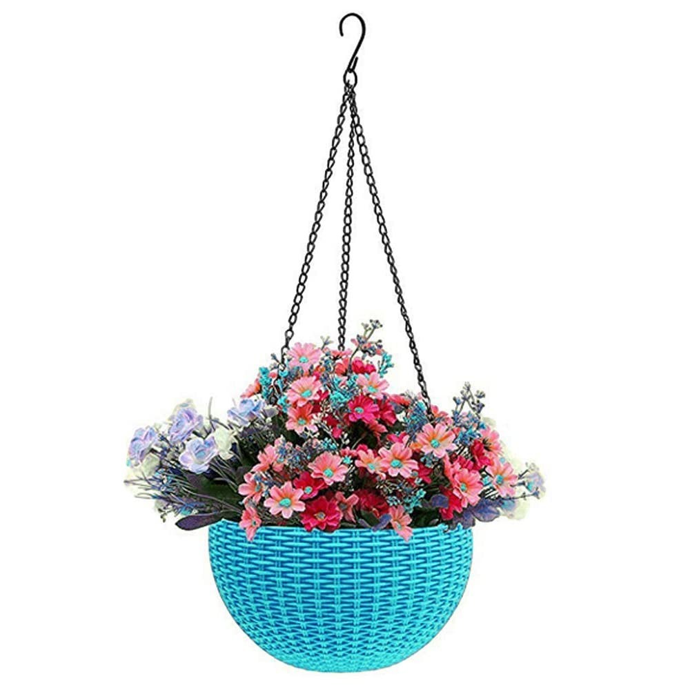 GoHooked Bianco light blue plastic hanging planter with woven rattan look, filled with pink and purple flowers.