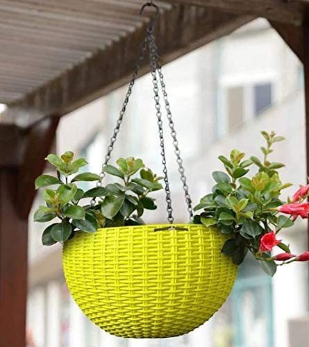 GoHooked Bianco plastic hanging planter with woven rattan look, lime green, 7.1 inch diameter.