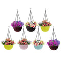 GoHooked Bianco plastic hanging rattan planters with multicolor flowers. Set of 7.