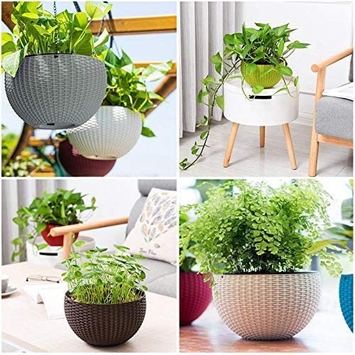 GoHooked Bianco multicolor plastic hanging rattan planter with woven texture. 7.1 inch diameter.