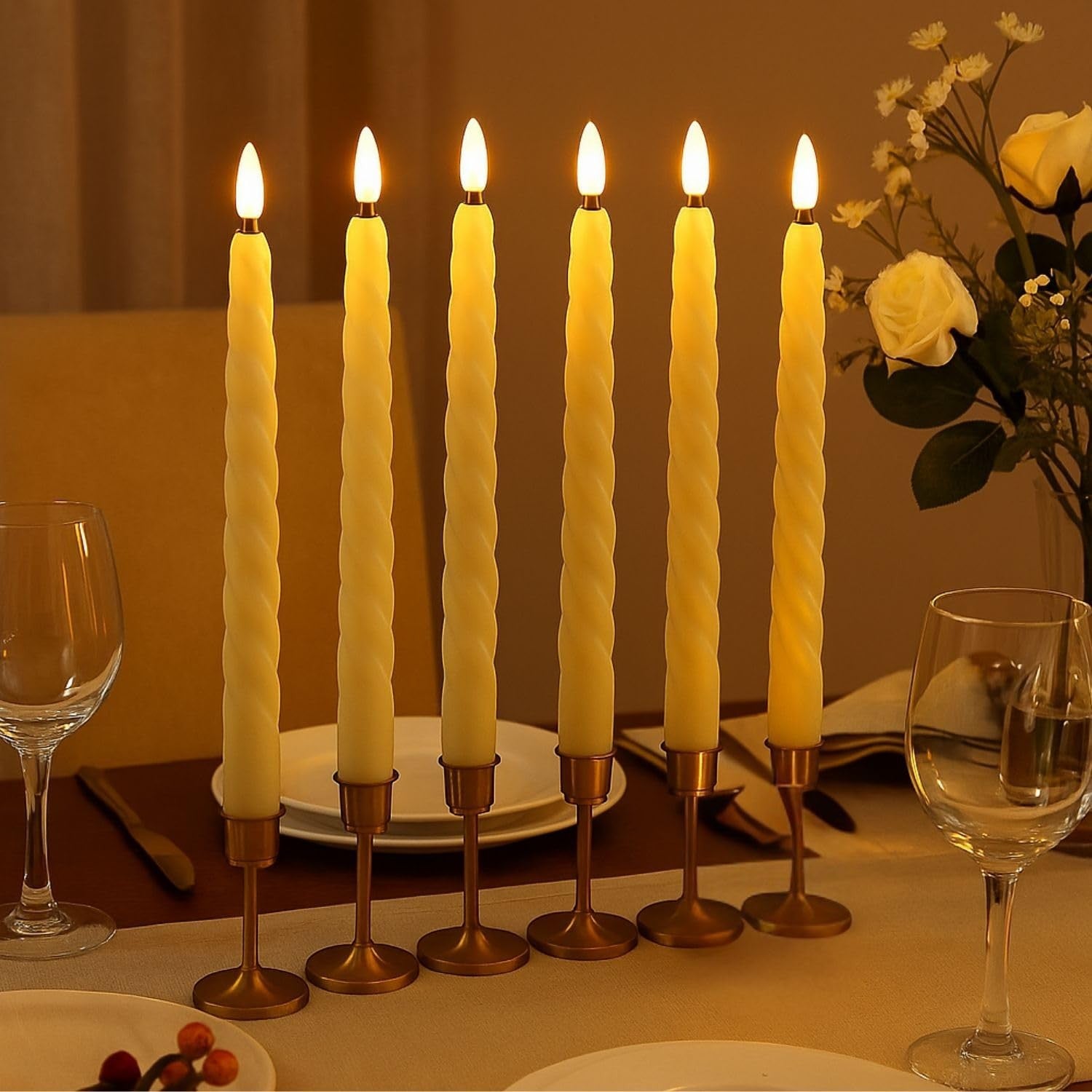 GoHooked Bianco ivory LED taper candles, set of 6, 26.7cm long, spiral design, flickering flame effect, safe for home decor.