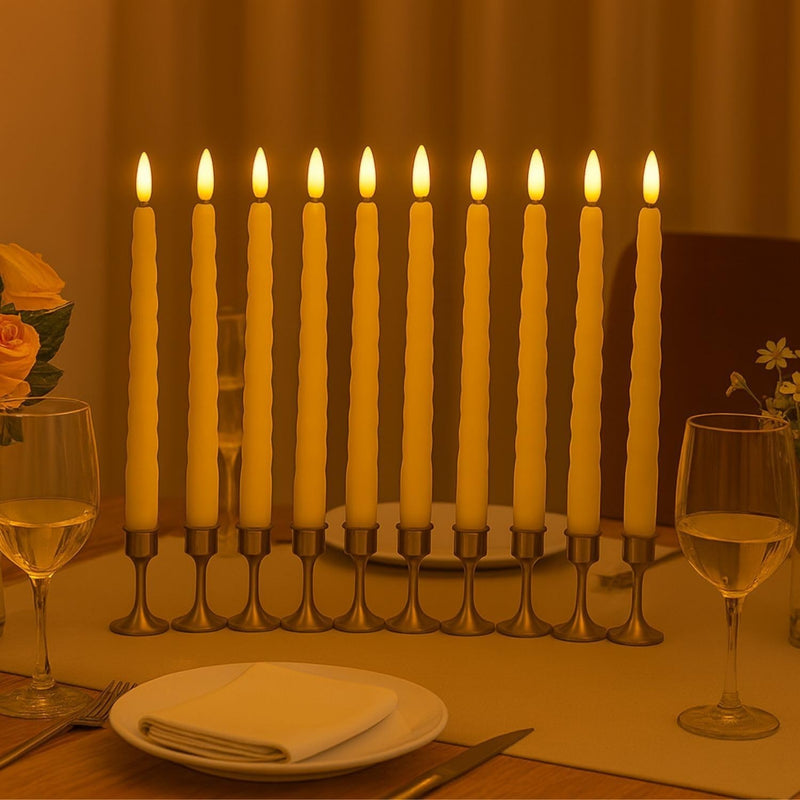 GoHooked BIANCO ivory LED taper candles, set of 10, 26.7cm long, flickering flame, spiral design, smokeless.