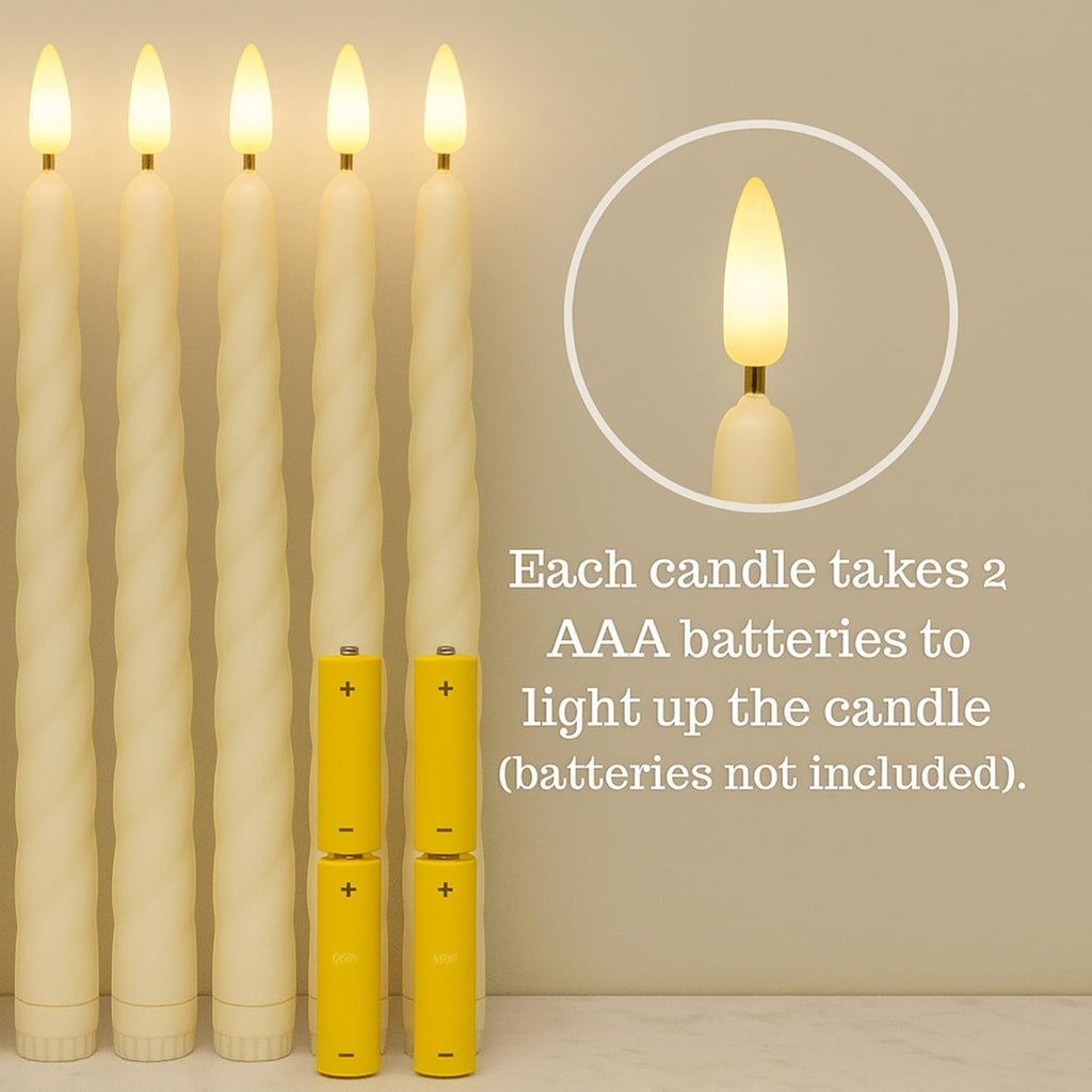 GoHooked BIANCO ivory LED taper candles with spiral design, 26.7cm long, flickering flame effect. Set of 12.