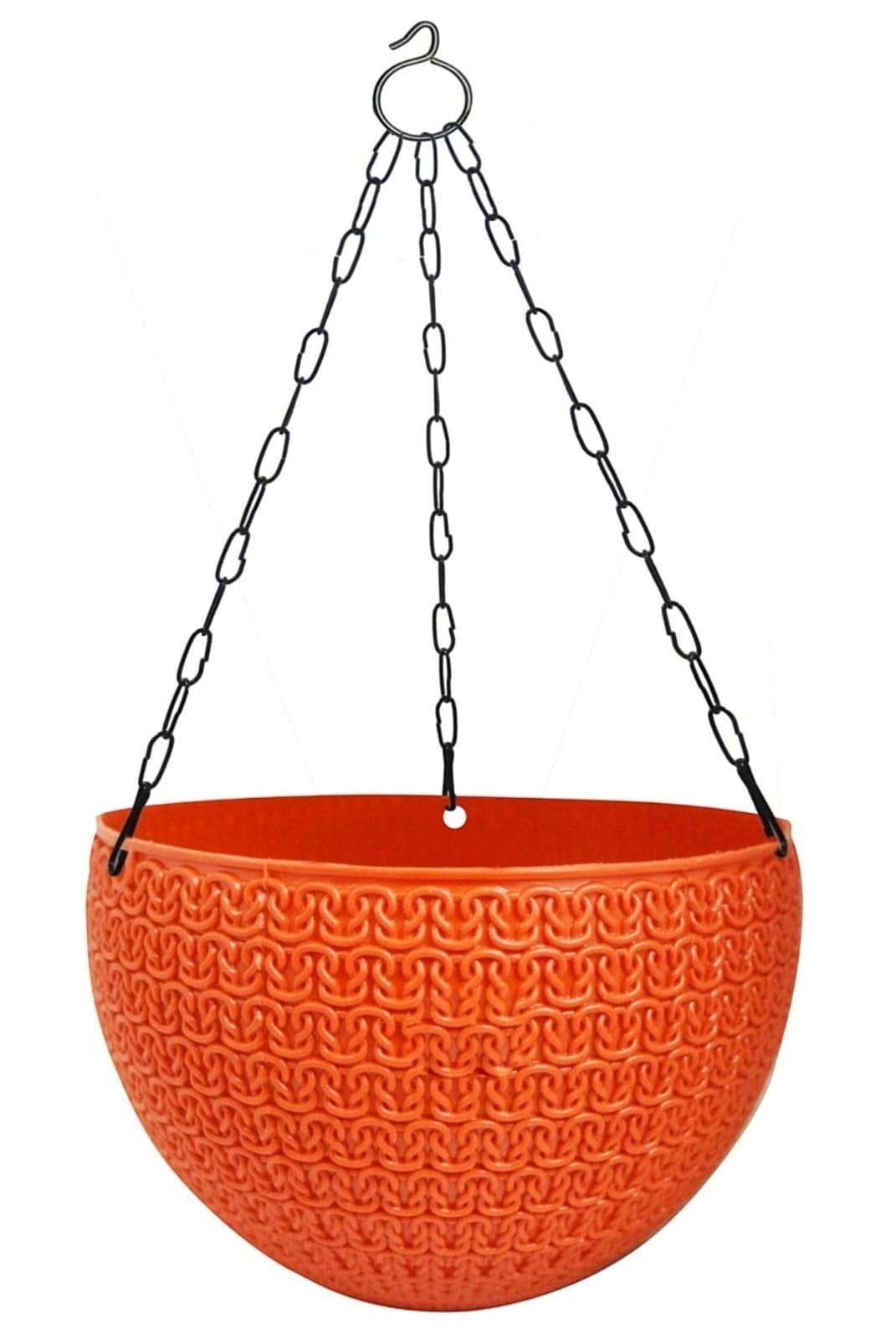 GoHooked Bianco orange round plastic hanging planter with woven texture and metal chain. Ideal for balconies and gardens.