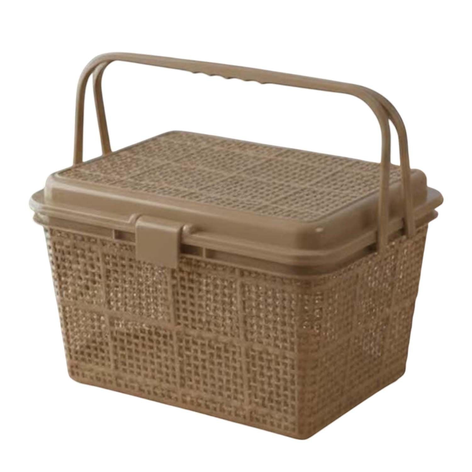 GoHooked BIANCO light brown plastic picnic storage basket with lid and handle. Woven design, snap lock closure.