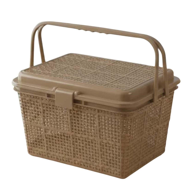 GoHooked BIANCO light brown plastic picnic storage basket with lid and handle. Woven design, snap lock closure.