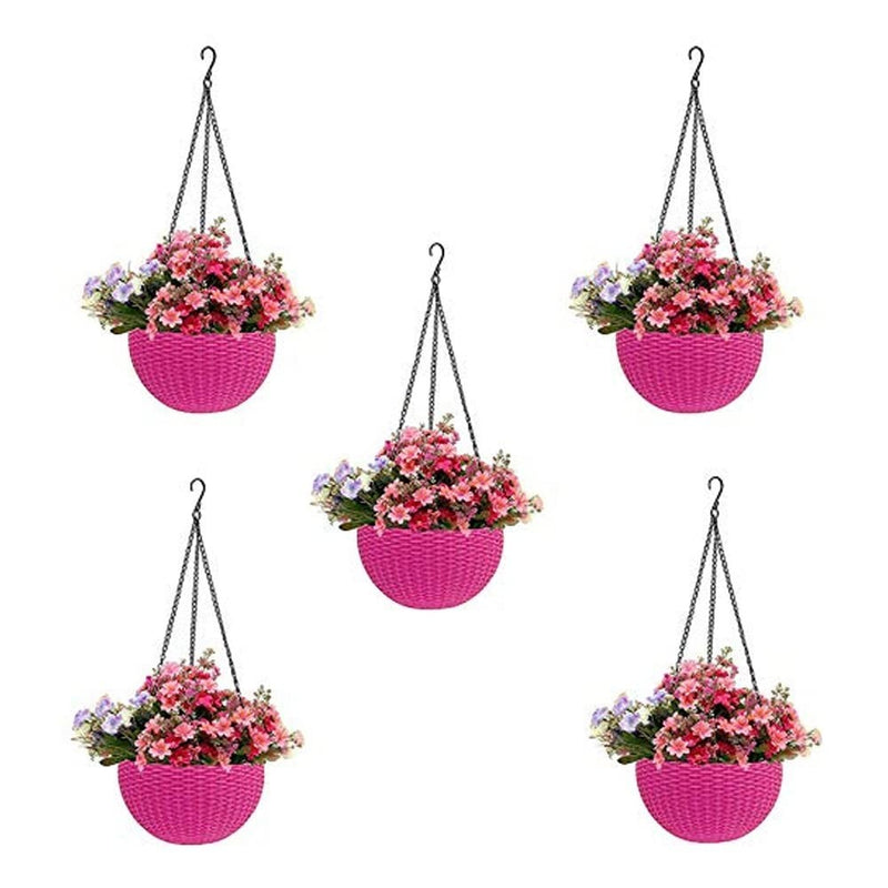 GoHooked Bianco pink plastic hanging rattan planter with faux flowers, 7.1 inch diameter, set of 5.
