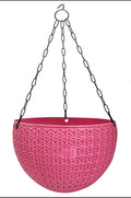 GoHooked Bianco pink round plastic hanging planter with woven texture and metal chain. Set of 5.