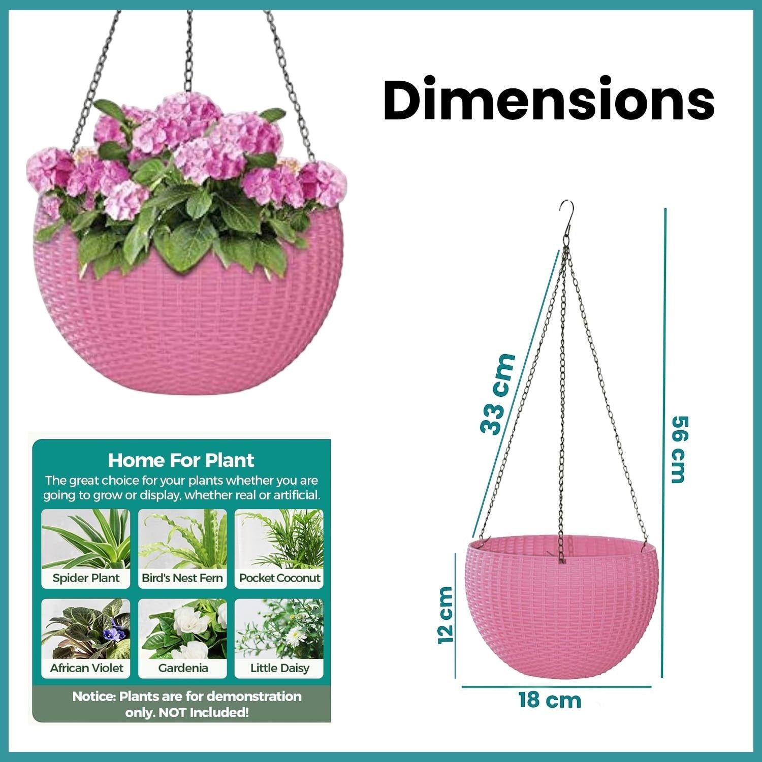 GoHooked Bianco pink plastic hanging planter with woven rattan look, 7.1 inch diameter.