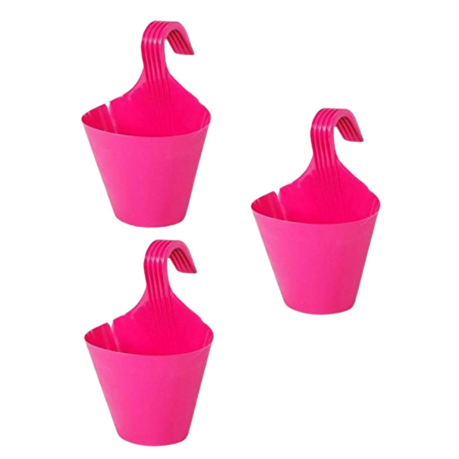 GoHooked Bianco set of 3 pink plastic hanging planters with hooks. Ideal for balconies and patios.