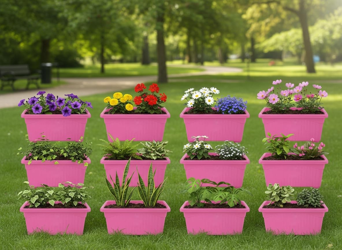 GoHooked Bianco pink rectangular plastic plant pots, pack of 12, for home and garden.