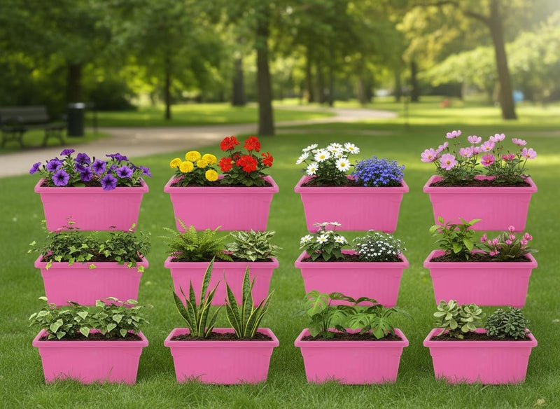GoHooked Bianco pink rectangular plastic plant pots, pack of 12, for home and garden.