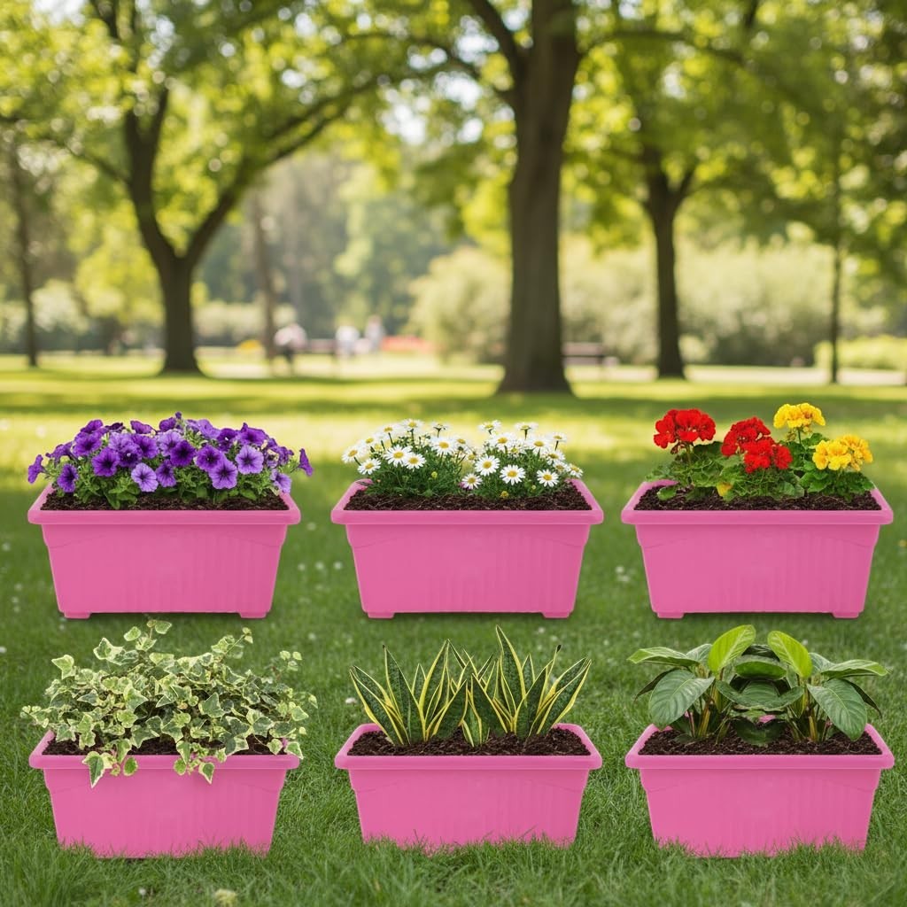 GoHooked Bianco pink rectangular plastic plant pots, pack of 6, for home and garden use.