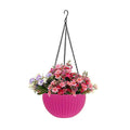 GoHooked Bianco pink plastic hanging rattan planter with faux flowers, 7.1 inch diameter, 4.8 inch height.