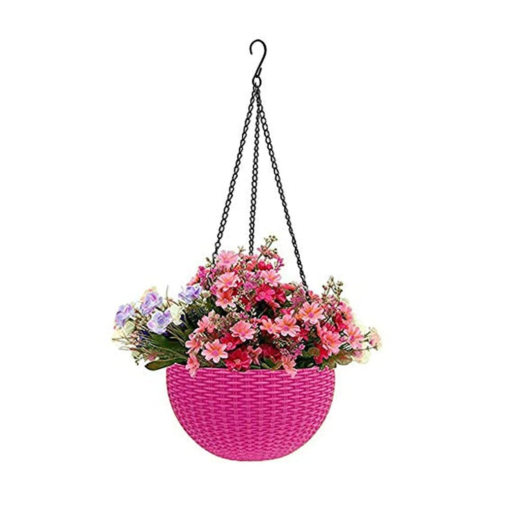 GoHooked Bianco pink plastic hanging rattan planter with faux flowers, 7.1 inch diameter, 4.8 inch height.