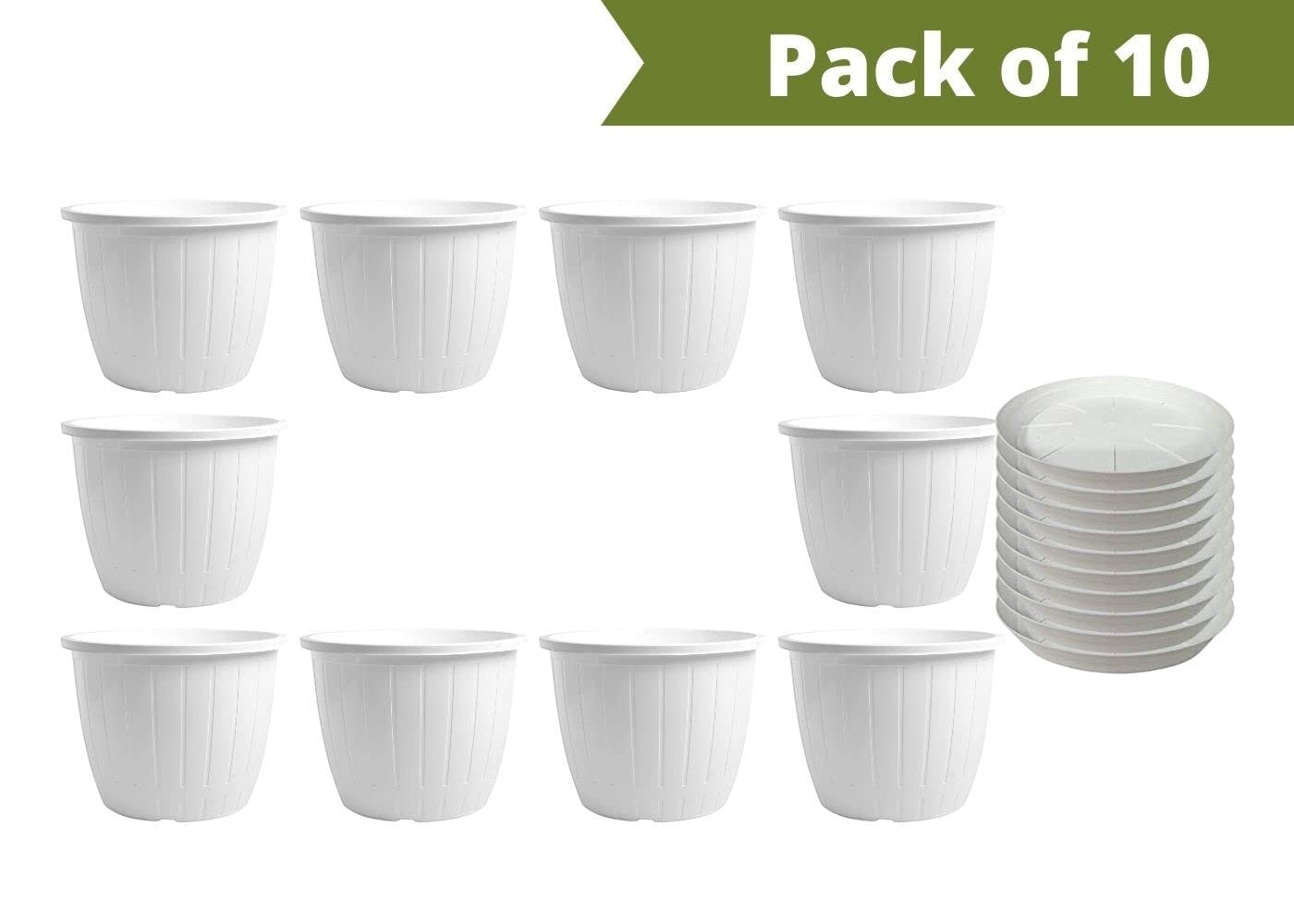 GoHooked Bianco 10-inch white plastic planters with drainage trays, pack of 10. Ideal for indoor/outdoor gardening.