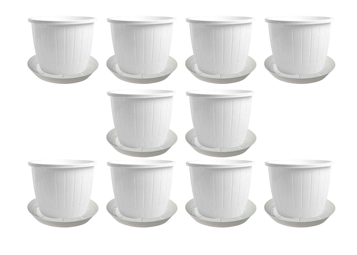GoHooked Bianco 10-inch white plastic planters with drainage trays, pack of 10. Ideal for indoor/outdoor gardening.