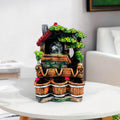 GoHooked BIANCO polyresin tabletop waterfall fountain with LED lights and adjustable speed, featuring a rustic house and tree design with three wooden buckets.