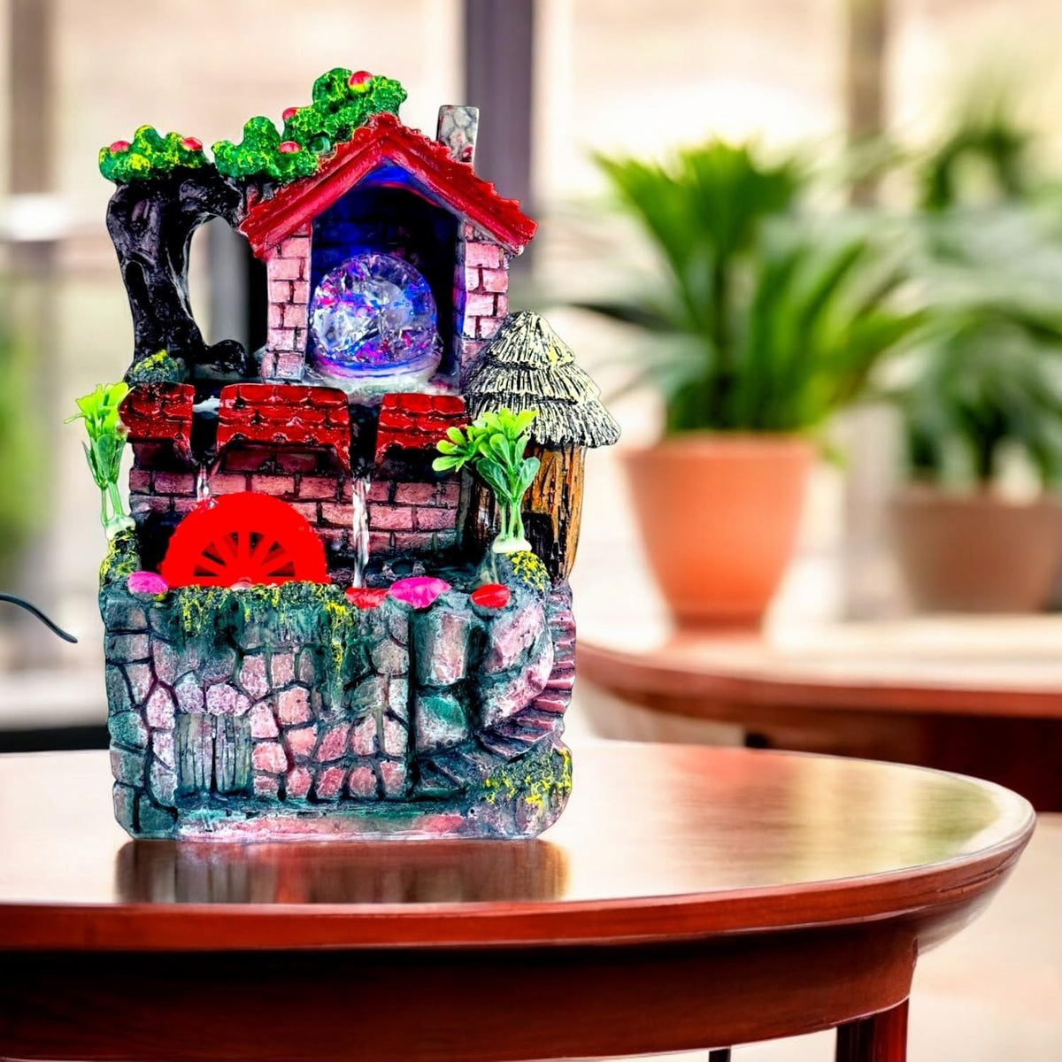 GoHooked BIANCO polyresin tabletop waterfall fountain with LED lights and red water wheel, 25.5 cm.