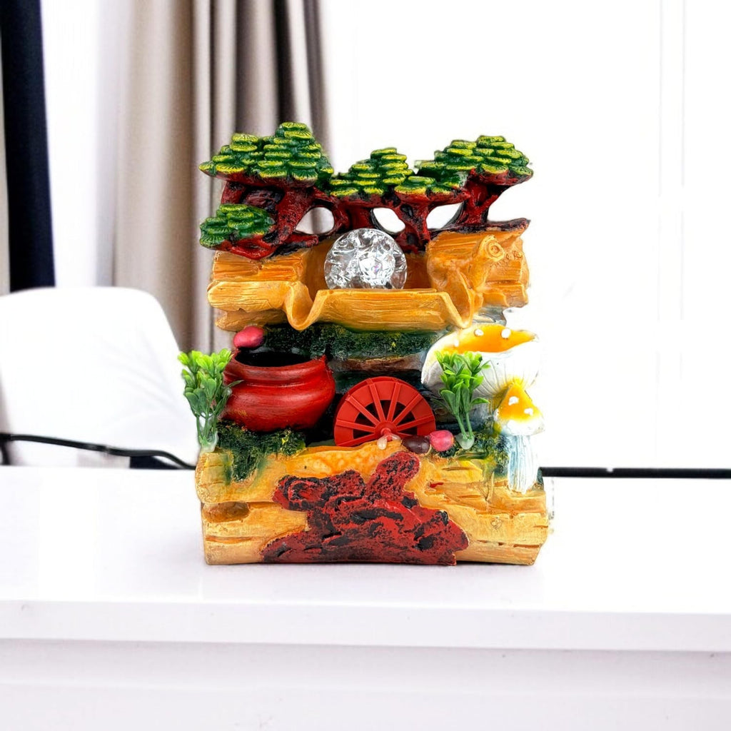 GoHooked BIANCO polyresin tabletop waterfall fountain with LED light and adjustable water flow. Features trees, mushrooms, and a water wheel.